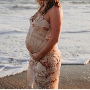 Free People Small Dress Sunfade Slip Dress Eyelash Lace trim in beige tie dye